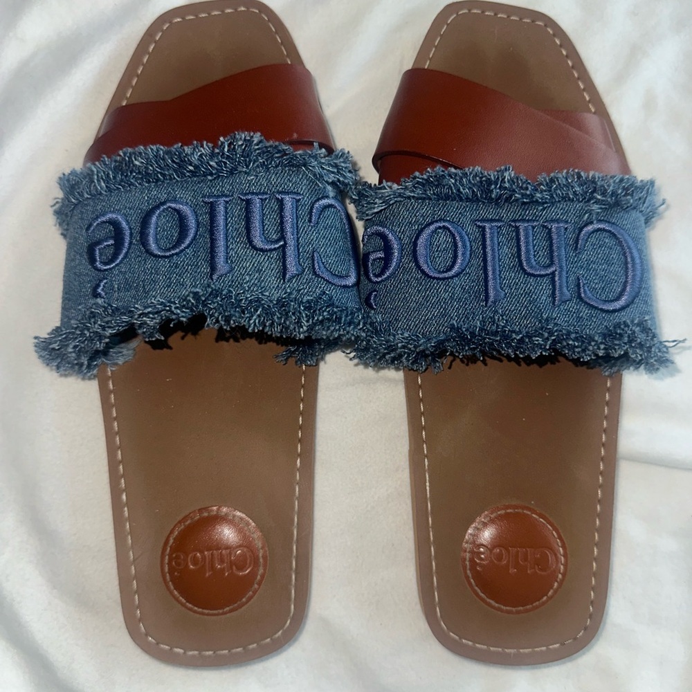 Chloe Brown and Blue Sandals with Denim Strap - Picture 2 of 4